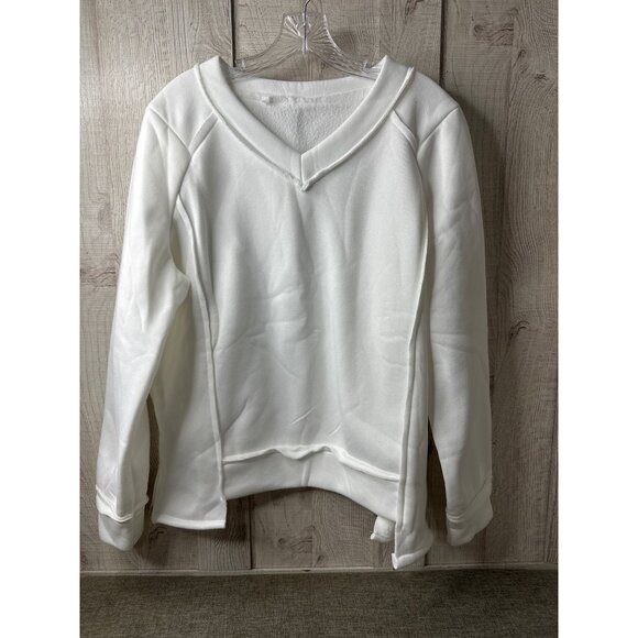 Womens White Sweatshirt L V-Neck Cotton/Polyester Blend With Side Zippers - Picture 1 of 8